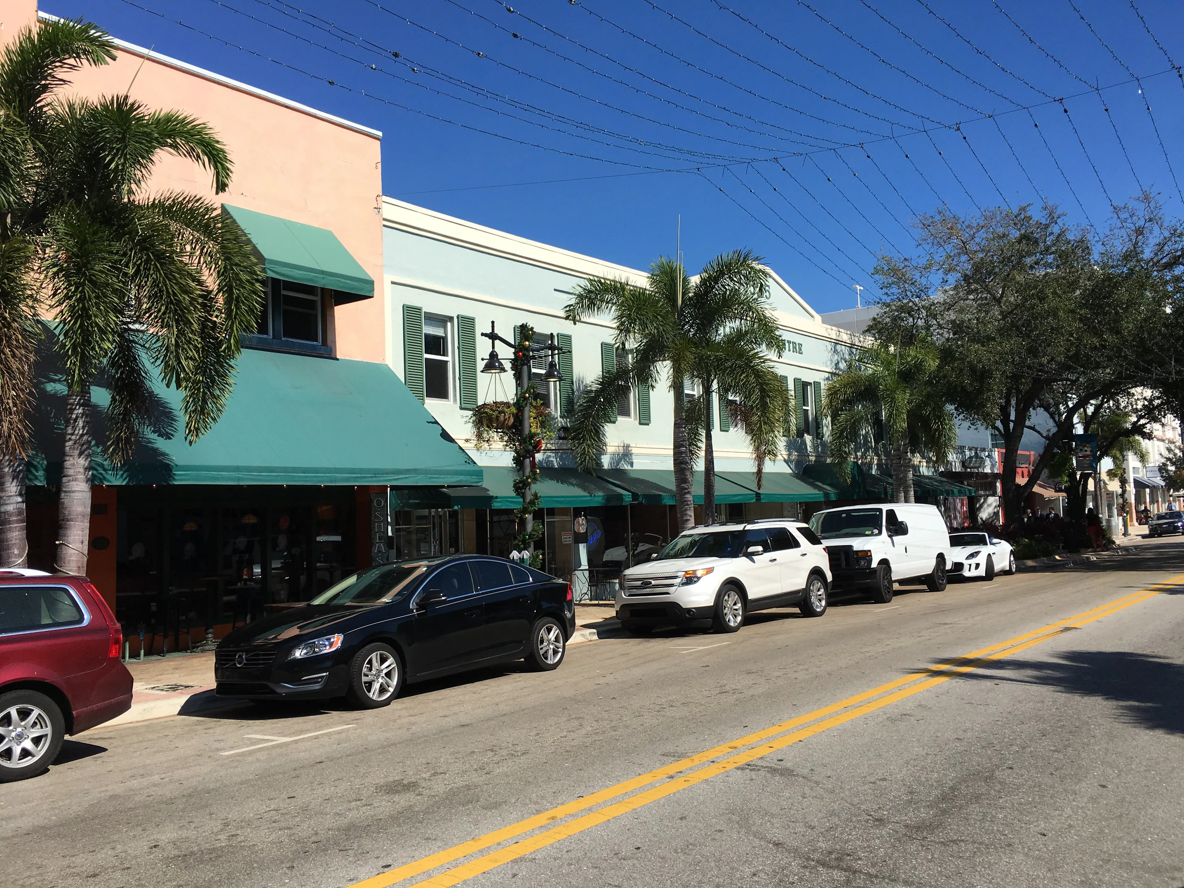 Storefronts with green awnings and palm trees on Clematis Street in West Palm Beach