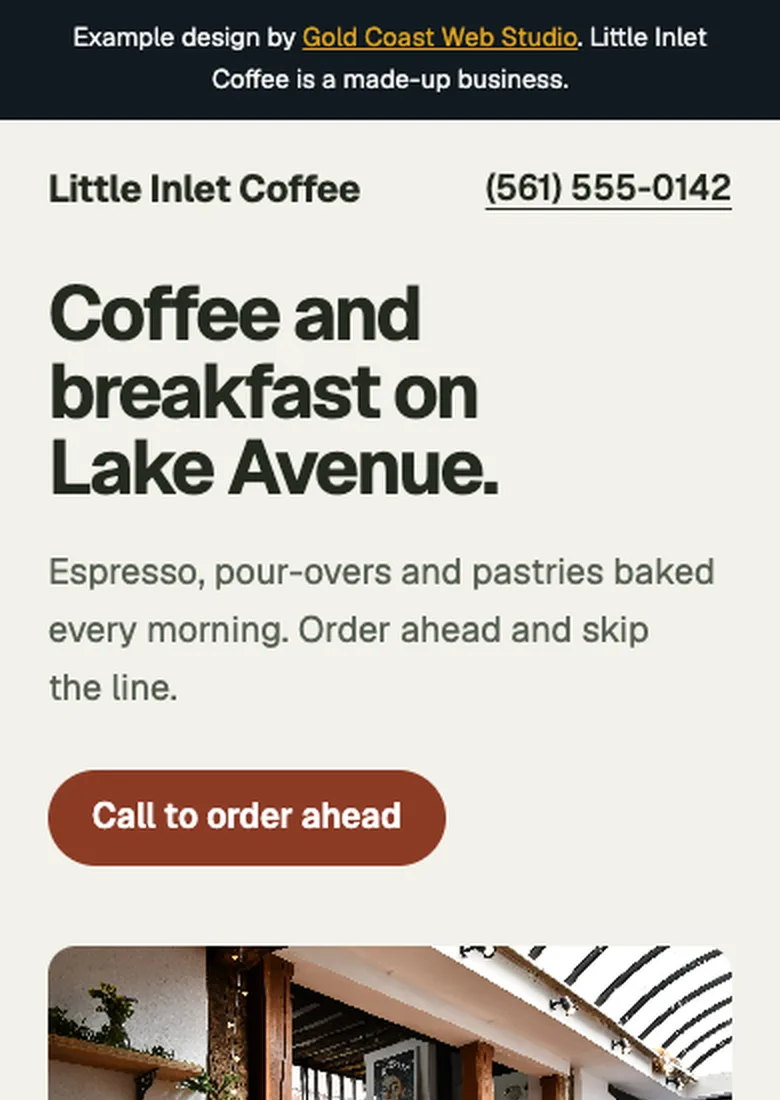Phone screenshot of an example website for a coffee shop