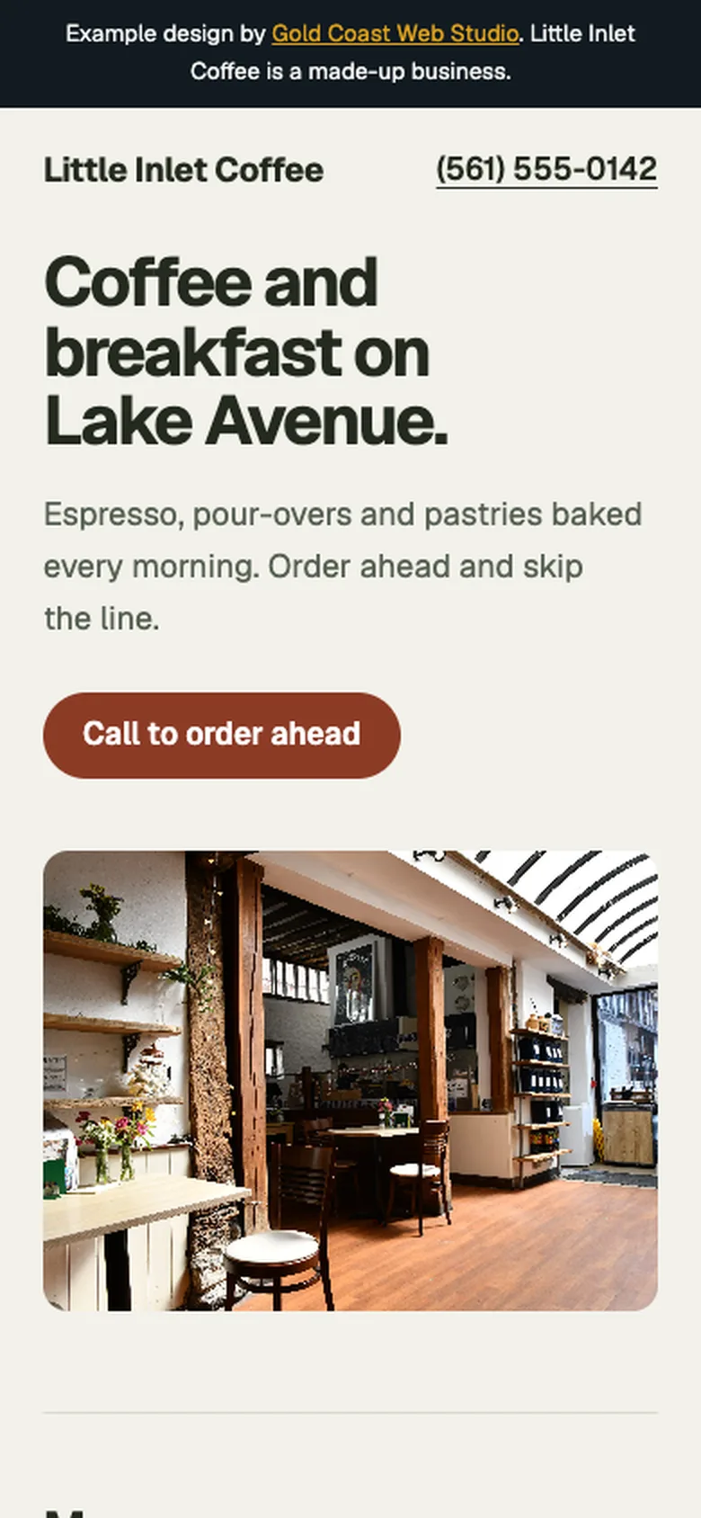 Phone screenshot of an example website for a coffee shop