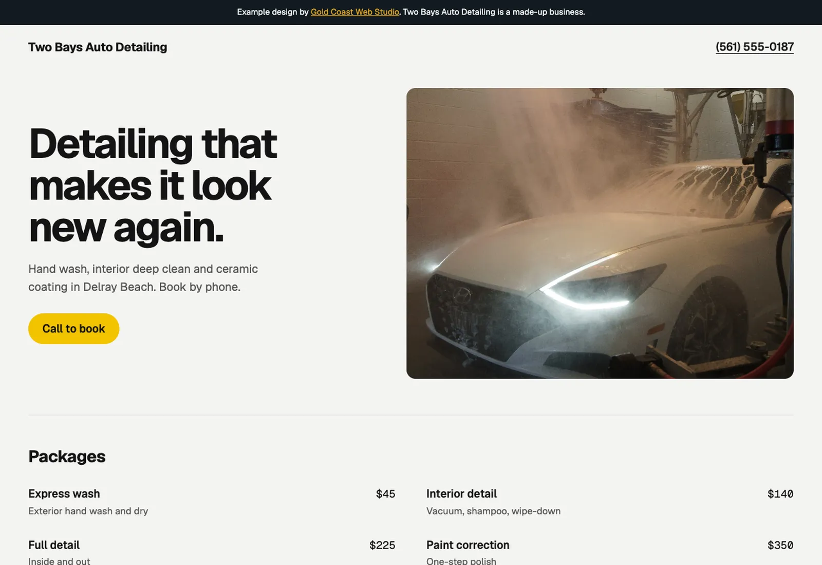 Desktop screenshot of an example website for an auto detailing shop